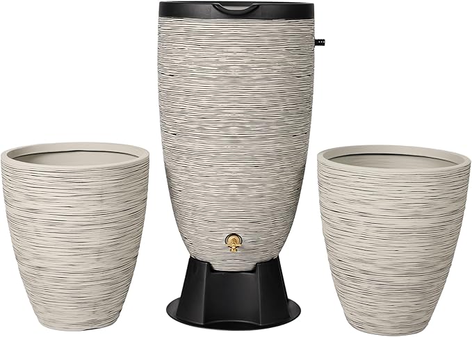 Newport 50‑Gallon Flat‑Back Rain Barrel with Stand & Planter Bundle – Slate | Removable Lid, UV-Stabilized Outdoor Water Storage