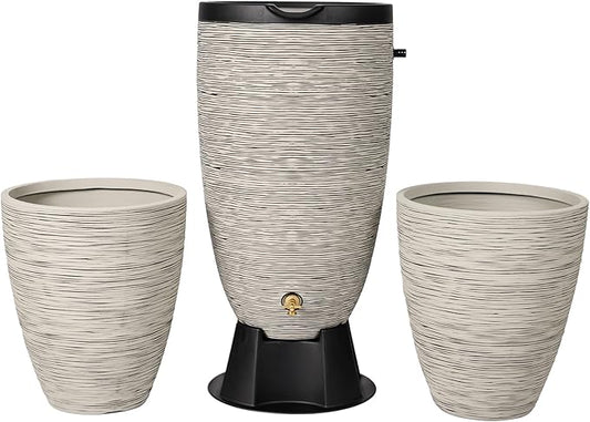 Newport 50‑Gallon Flat‑Back Rain Barrel with Stand & Planter Bundle – Slate | Removable Lid, UV-Stabilized Outdoor Water Storage