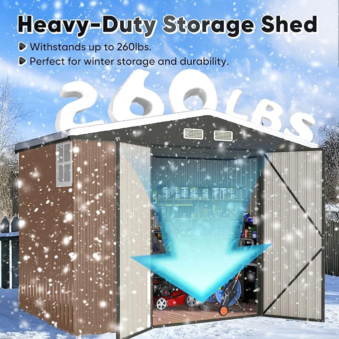 Quictent Heavy Duty 8X6 FT Outdoor Metal Storage Shed, Lockable Tool Shelter Waterproof Shed for Garden, Backyard, Lawn and Patio Scene with Combination Lock, Brown(8.2X5.8 FT Base, No Floor)