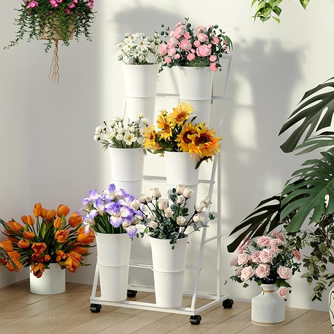 Invech Flower Display Stand with 6 Buckets and Wheels, 3 Tier White Flower Cart Display Stand for Indoor Outdoor Garden, Wedding, Flower Shop (Existing Patent)