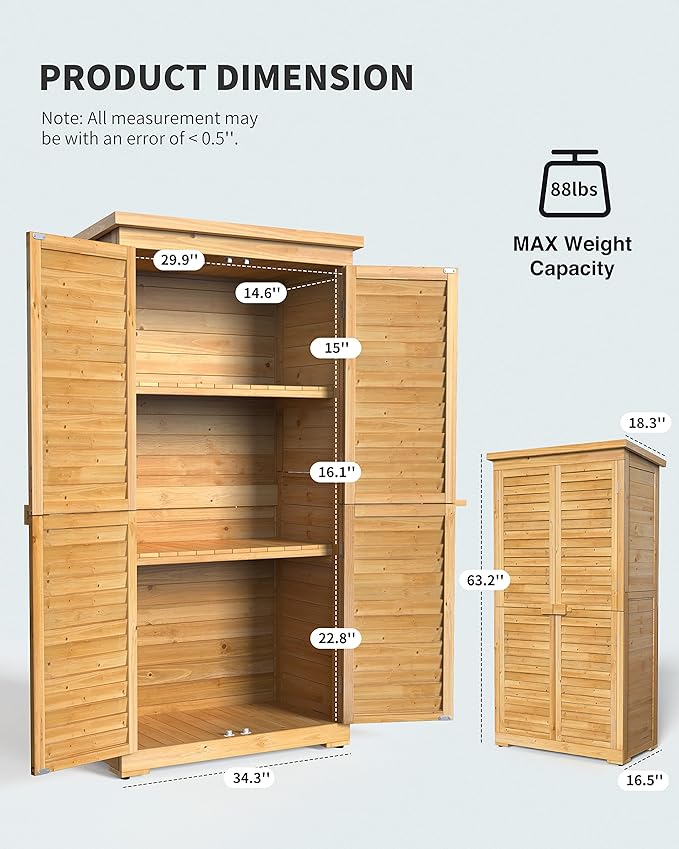 Gizoon Outdoor Storage Cabinet with 3 Shelves, Double Lockable Wooden Garden Shed with Waterproof Roof, Outside Vertical Tall Tool Shed for Yard Patio Lawn Deck-Natural