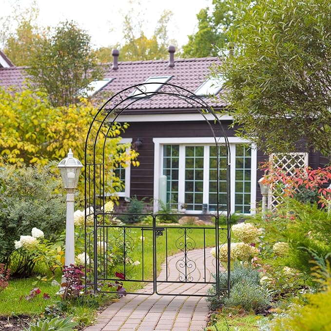 Garden Arbor with Gate, 7FT Wedding Arches for Ceremony, Metal Garden Arch for Climbing Plants Outdoor, Black Garden Archway for Lawn, Patio and Backyard, Includes Ground Stakes