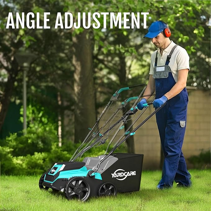 14-Inch Lawn Scarifier and Dethatcher, Powerful 13-Amp Electric Tool with 10.5 Gal Collection Bag, Adjustable Depth Settings & Safety Lock System