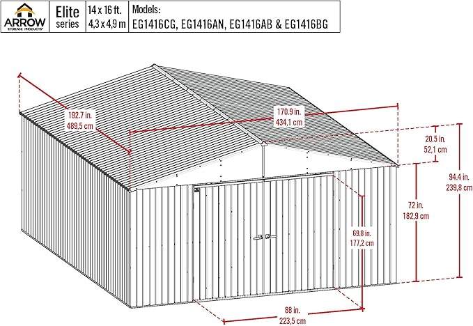 Arrow Shed Elite 14' x 16' Tall Outdoor Steel Storage Shed with High Gable and Lockable Doors Storage Building, Blue Grey