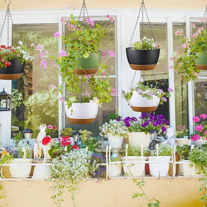Remerry 6 Pcs 11.2 Inch Hanging Planters Hanging Plant Basket for Indoor Outdoor Plants Set Plastic Hanging Flower Pot with Drainage Holes and Removable Trays for Home Garden (White Gray Green)