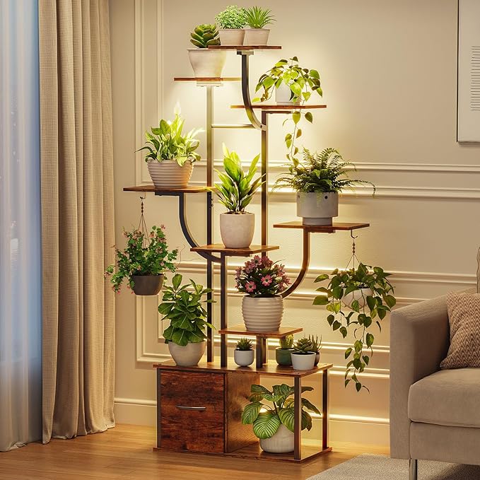 cebihy 9 Tiered 59'' Plant Stand Indoor with Grow Light 3 Color Modes, Plant Shelf with Drawer, 10 Brightness Levels, Timer, Wide Base, Corner Plant Stands for Living Room, Balcony (Tall 59'')