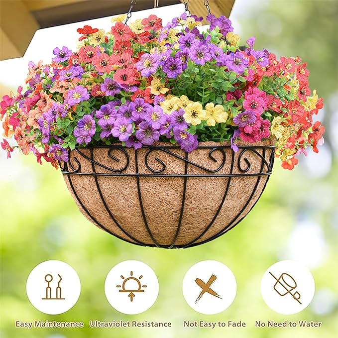 14 Inch Hanging Planters (4 Pack) - Round Metal Baskets with Cocoa Liners for Indoor/Outdoor Gardens, Porch & Patio Decor（HB）