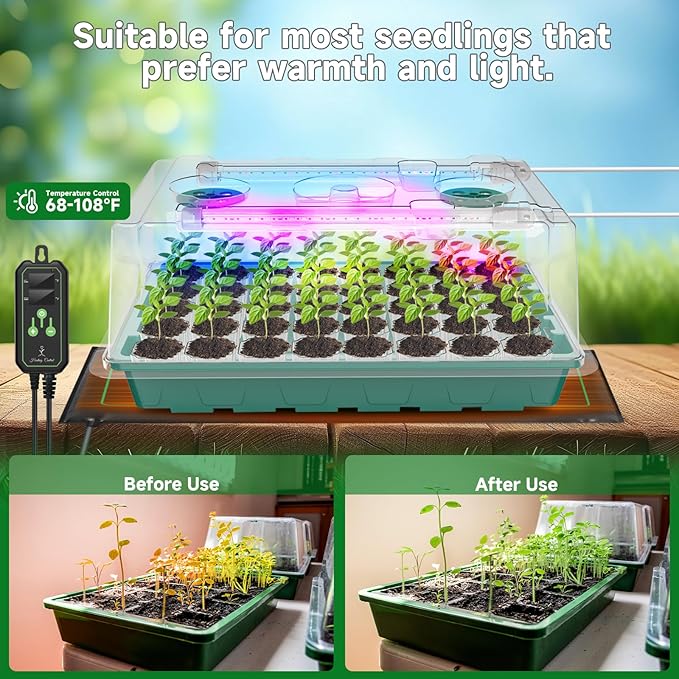 Seed Starter Tray with Grow Light and Thermostat Controller Heat Mat, 10"x 20.75" Heat Mats for Plant Growing，68-113°F Adjustable，Color Change Grow Lights，Germination Trays Kits