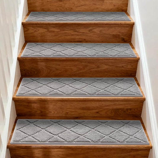 JOENIE Non-Slip Edging Stair Treads Carpet Mat 30inX8in Indoor Stair Runners for Wooden Steps, Edging Stair Rugs for Kids and Dogs, 100% Polyester TPR Backing (Grey, 4pc)