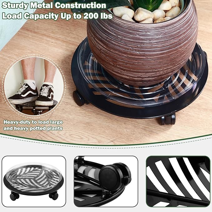 2 Packs Large Metal Plant Caddy with PU Wheels 13" Heavy-Duty Wrought Iron Rolling Plant Stands Indoor Outdoor Wheeled Plant Dolly Planter Mover Rollers Plant, Leaf Style