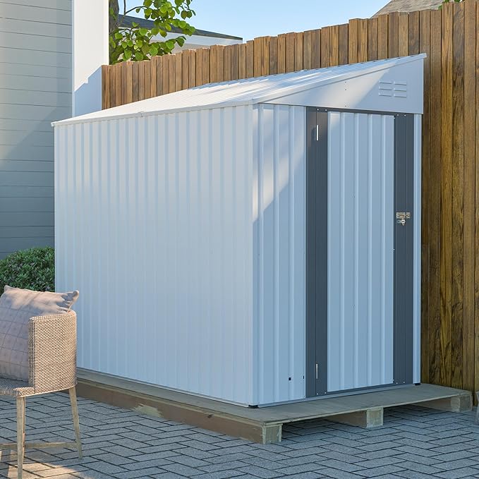 4x7 FT Outdoor Storage Shed,Lean to Lockable Metal Garden Shed Steel with Reinforced Beams,All Weather Waterproof Storage House W/Lockable Door&2 Air Vents,for Backyard,Patio,Lawn,Garden,White