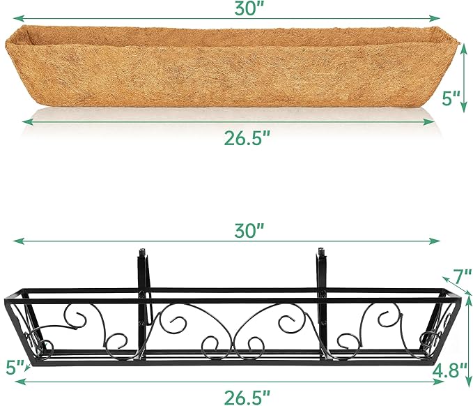 Y&M 30 Inch Butterfly Window Deck with Coco Liner, Fence Metal Hanging Flower Planter Window Basket Deck Railing Planter Boxes for Outdoor Garden Lawn 4pcs