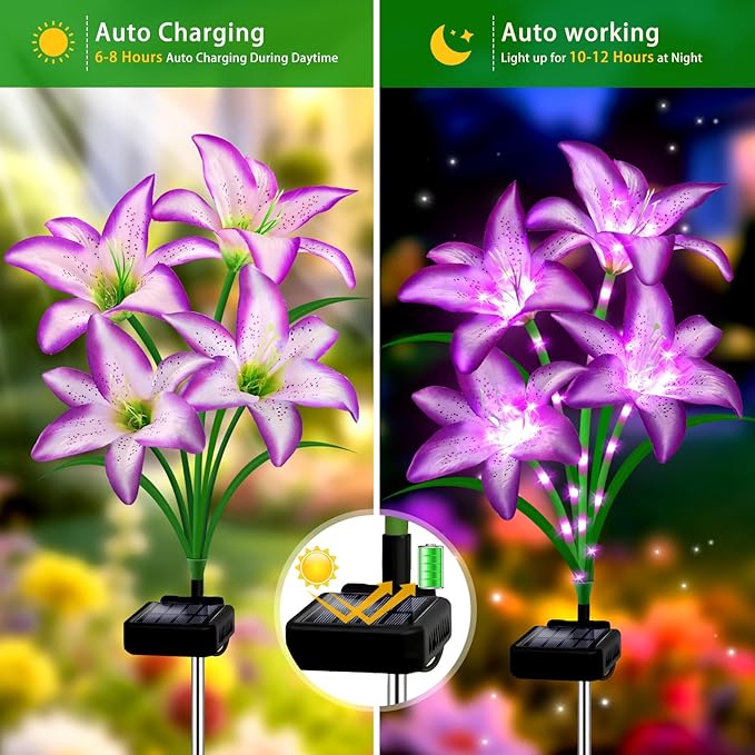 Solar Garden Lights 6 Pack 24 Purple Lily Flowers,Christmas Birthday Gifts Outdoor Solar Flower Lights,Cemetery Flowers for Grave - Decorative Lilies for Yard, Patio, Pathway Decorations