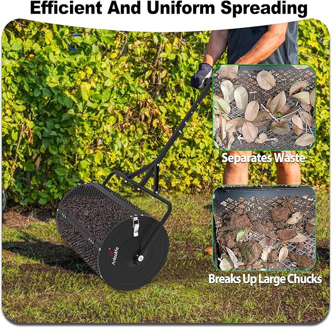 A ANLEOLIFE 24 Inch Compost Spreader, Lawn and Garden Peat Moss Roller with Side Latches, 24-31.1" Height Adjustable Handle, Metal Mesh Basket for Spreading Topsoil, Manure, Mulch, Black