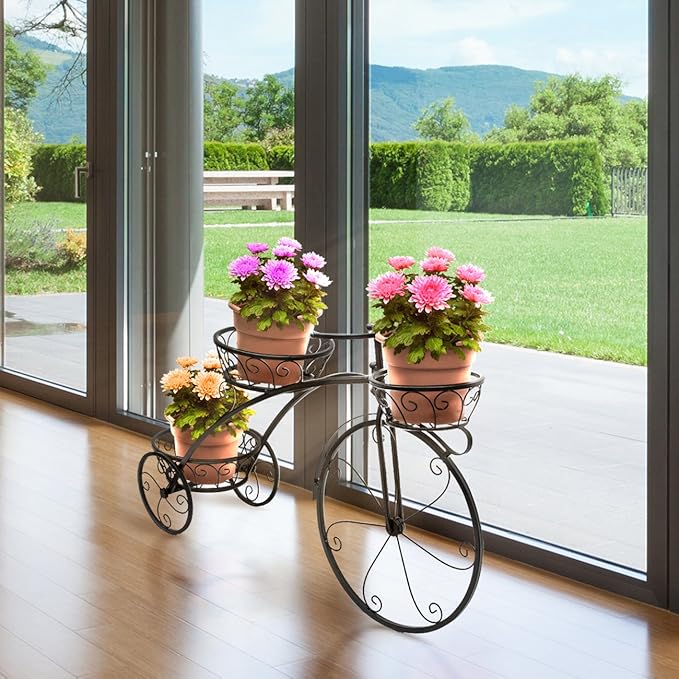 Sorbus Tricycle Plant Stand - Flower Pot Cart Holder - Ideal for Home, Garden, Patio - Great Gift for Plant Lovers, Housewarming, Mother’s Day - Parisian Style (Black)