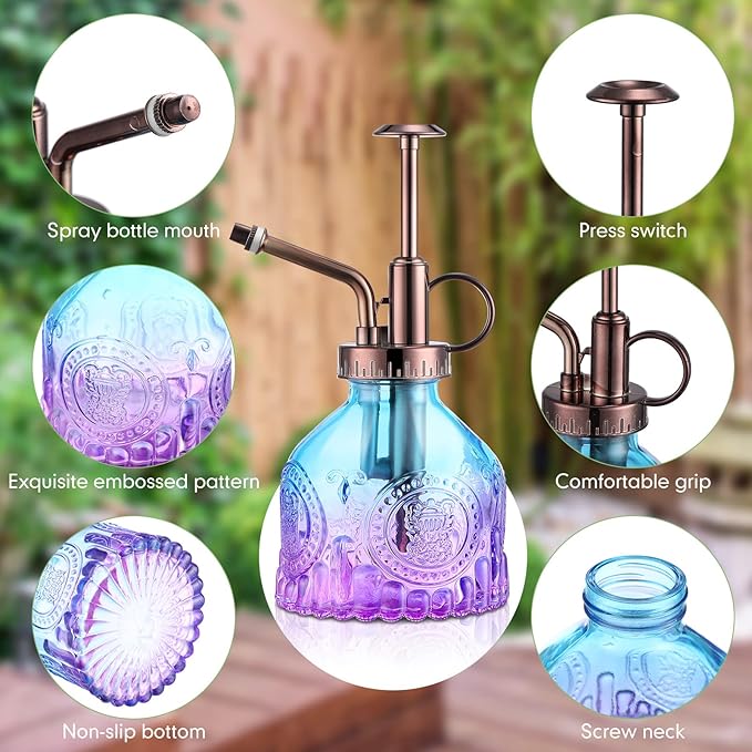 8 Pcs Glass Plant Mister Spray Bottle 200ml Vintage Plant Spritzer Multicolor Succulent Watering Bottle Watering Can 6.4'' with Plastic Top Pumps for Indoor Outdoor Succulents Garden Plants (Bronze)