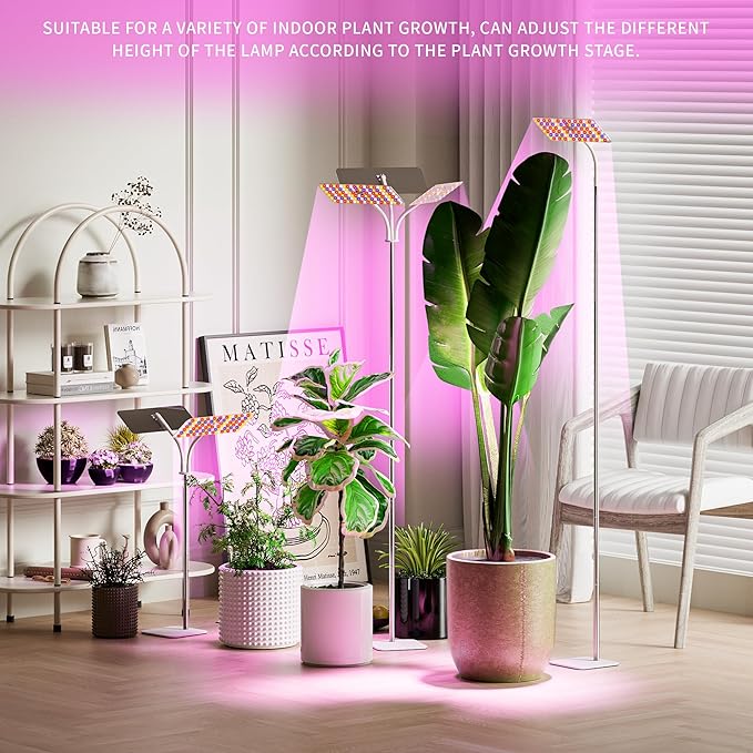 KINGPLUS Grow Lights with Stand, Three Heads, Full Spectrum LED Grow Light for Indoor Plants, 360 Leds, 4 Dimmable Levels, Timer 4/8/12h, 12-60inches Height Adjustable, 48w, Ideal for Desk Small Plant