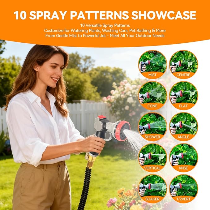 Garden Hose Nozzle,10 Adjustable Spray Patterns, Ergonomic Thumb Control Heavy-Duty Metal Spray Nozzle, Multi-Pattern Water Sprayer for Garden, Lawn, Car Wash (Thumb Control)