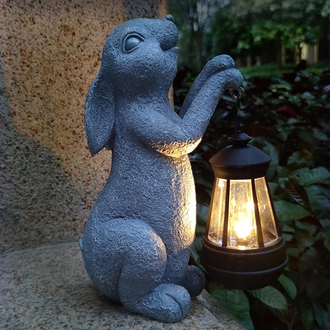 Rabbit Solar Garden Outdoor Statues,Resin Rabbit Figurine Decorations with Solar Lights Lantern, Outdoor Resin Bunny Decor for Lawn,Yard, Unique Housewarming Gift for Garden Home