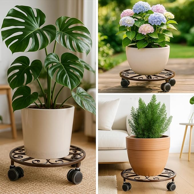 3 Pack Plant Caddy with Wheels Heavy Duty 11.8 Inches Metal Plant Stand with Wheels Plant Dolly Rolling Plant Stand Plant Roller with Casters for Indoor and Outdoor (3, Bronze)