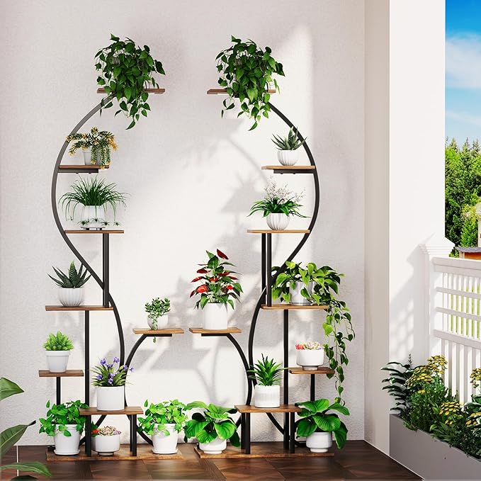 Plant Stand Indoor with Grow Lights, 2 Pack Tiered Indoor Plant Shelf, 65" Tall Plant Rack Flower Display Shelves, S-Shaped Metal Plant Flower Holder with Adjustable Brightness & Timer for Home, Patio