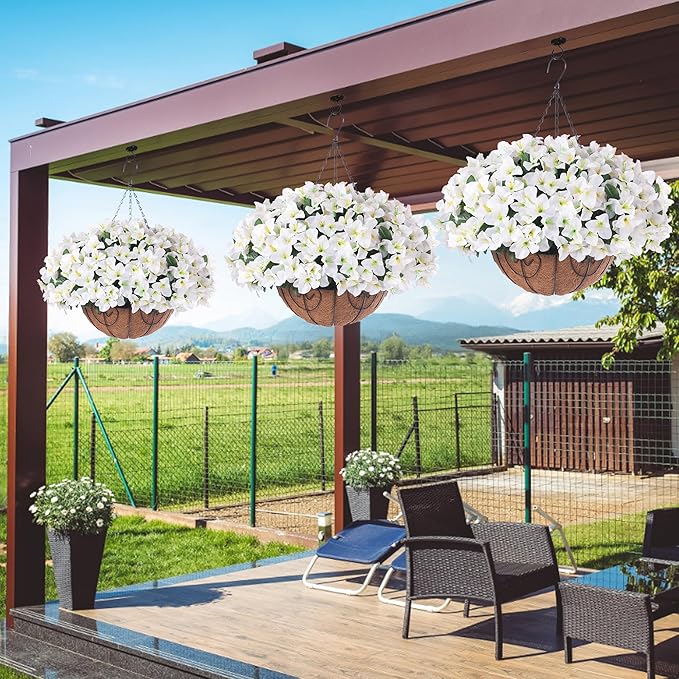 Artificial Hanging Flowers Faux Plants Basket for Outdoors Spring Summer Decor, Fake Silk Bougainvillea in Planter Outdoor Look Real UV Resistant Faux Flower for Outside Porch Patio Garden Home, White