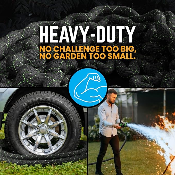 PowerFlow Garden Hose, NON-EXPANDABLE 75 Feet Premium Quality Stainless Steel Metal Water Hose with Durable Fabric Skin, Hose For Commercial, Residential Use, Bonus 10-way Spray Nozzle (75 Ft, Black)