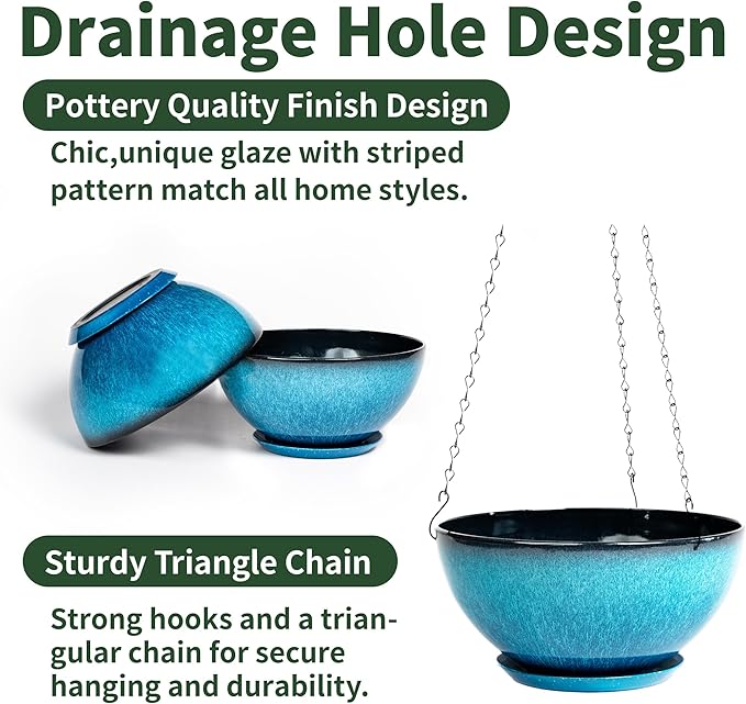 2 Pack 10 inch Hanging Planters, Plastic Hanging Plant Pots with Drainage Hole and Chain, Hanging Flower Pots for Outdoor Indoor Plants (Blue)