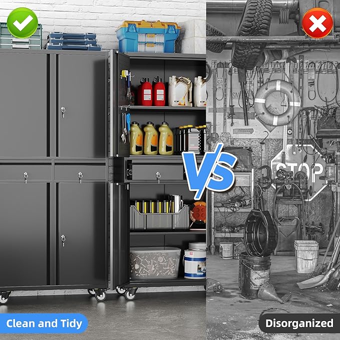 Garage Storage Cabinet with Wheels and Doors,71" H Metal Storage Cabinet with Pegboard and 2 Drawers for Garage, Warehouse,Home,Required Assembly,Black