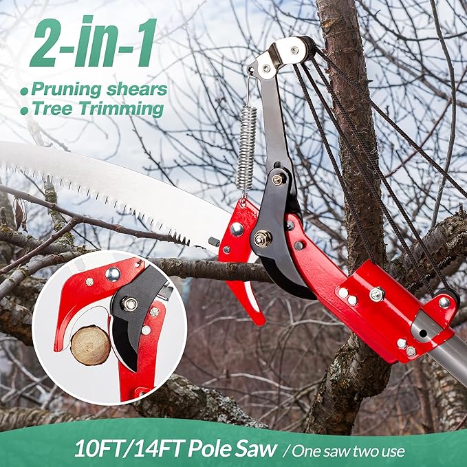 Suchtale 14FT Pole Saws for Tree Trimming, Manual Tree Pruner with Steel Saw Blade & Scissors, Long Handle Branch Cutter Pole, Extendable Limb Trimmer for High Branches, Yard Garden Pruning Tool