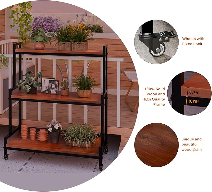 Plant Stand Indoor with Wheels 37” H, Rolling Plant Shelf Rack Outdoor,Metal Plant Stand with Solid Wood for Multiple Plants,Industrial Ladder Plant Flower Shelf for Garden,Living Room,Walnut