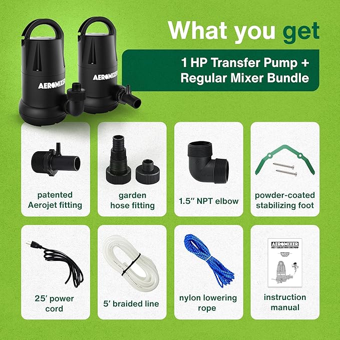Aeromixer Regular 3/4 HP Submersible Mixing + Aerating Pump with 1 HP Water Transfer Pump Bundle - Water Aerator & Garden Utility Pumps, Nutrient Mixing & Aeration Pumps for Farming & Gardening