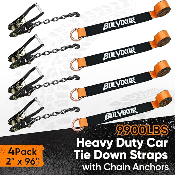 4 Pack Car Tie Down Straps for Trailers - 2" x 96" - 9900LBS Break Strength - Tire Ratchet Straps with Heavy Duty Chain Anchors for Hauling UTV, SUV, Truck, Any Cars