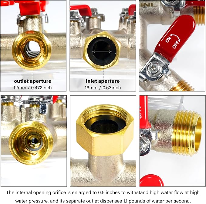 Heavy Duty Brass Garden Hose Splitter 4 Way, Freeze and Sun Resistant Outdoor Faucet Brass Connector Tap Splitter 4 Valves, Nickel Plated for Rust Resistance, 3/4” GHT (Red)