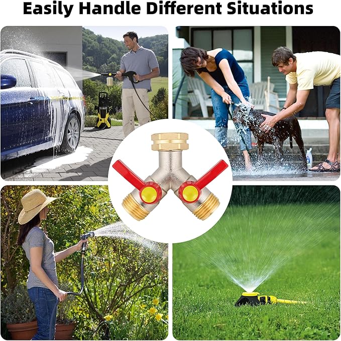 Hose Splitter 2 Way, Brass High Flow Garden Hose Splitter Heavy Duty, Hose Connector, Water Spigot Splitter, Full Flow Faucet Splitters with shutoff, 3/4” GHT Inlet