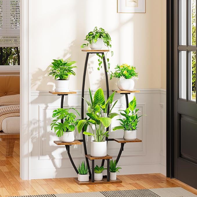 JUSTOGO Plant Stand Indoor with Grow Lights - 7 Tiered Large Plant Shelf, 47" Corner Shelf for Indoor Plants Multiple, Metal Flower Holder Curved Display Rack for Living Room, Home Decor, Patio