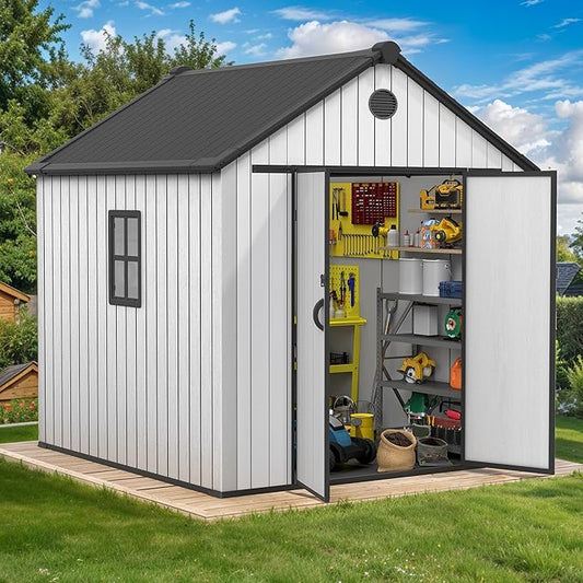 DWVO 8x8 FT Outdoor Storage Shed, 359 cuft Plastic Storage Shed with Lockable Door & Floor, All-Weather Tool Garden Shed with Window & Vent for Patio Furniture Bike Lawn Mower Pool Supplies, Gray