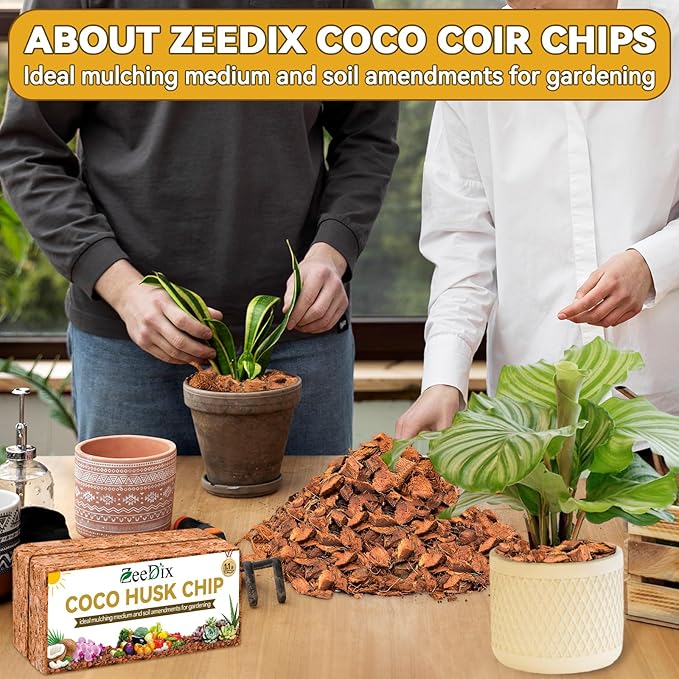 Zeedix 4 Pack Coco Husk Chips for Plants, 100% Organic Coconut Chips Mulch with Low EC & PH Balance, All Purpose for Indoor Plant Flowers Herbs Vegetables, Reptiles Terrarium Tanks Substrate(4.4LB)