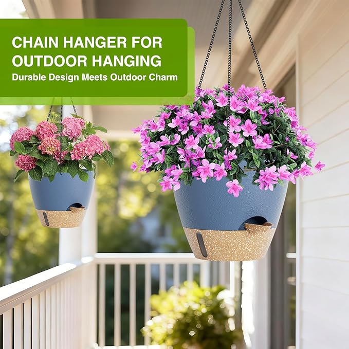 Set of 2 Hanging Planters for Indoor Plants with Self Watering Includes Hanging Pots and 2 Types Plant Hangers, Outdoor Hanging Baskets Holder for Home Garden, 10 Inch Aegean Blue