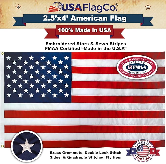 Stars and Stripes American Flag by USA Flag Co. (Made in USA) The BEST 2.5x4 Embroidered Stars and Sewn Stripes United States Flags - 2.5 x 4 ft.