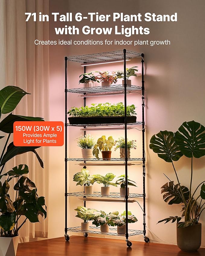 VEVOR Plant Shelf with Grow Light, 6-Tier Indoor Plant Stand, 71in Tall Plants Display Rack with Wheels & 4/9/14H Timer, 150W 3-Color Full Spectrum Grow Lights, Flower Pot Holder for Seed Starting