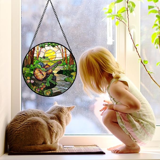 Stained Glass Window Hanging, Frog Playing Guitar Suncatcher Diamond Glass Panel Funny Sun Catchers Decor for Birthday for Women, Men, Wife, Aunt, and Mom 6.3 in