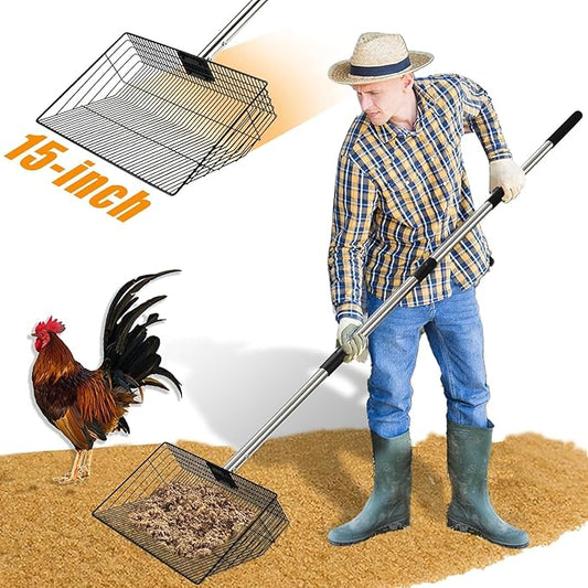 CAROD 15"-Large Thickened Chicken Poop Scooper, 24 to 68" Adjustable Chicken Coop Scoop for Poop with Stainless Steel Handle, Litter Scooper Sifting Shovel Chicken Coop Accessories