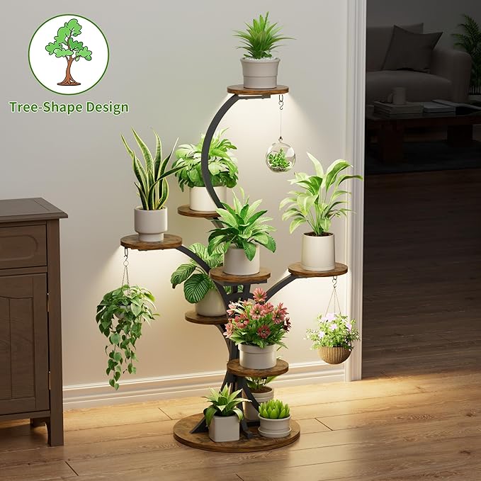 Plant Stand Indoor with Grow Lights - 8 Tiered Tree-Shaped 46.3" Tall Corner Plant Shelf, Grow Light Shelf Display for Indoor Plants Multiple, Flower Holder for Living Room Patio Balcony Décor