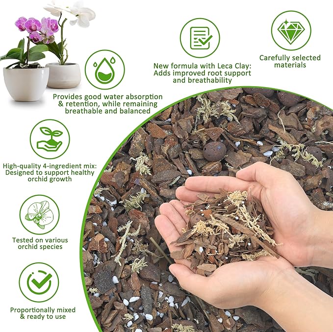 Orchid Potting Mix - 29QT Fast-Draining Soil with Pine Bark, Perlite, Moss & Leca Clay, Breathable Mix for Healthy Roots,Ideal for Repotting & Indoor Orchid Plants