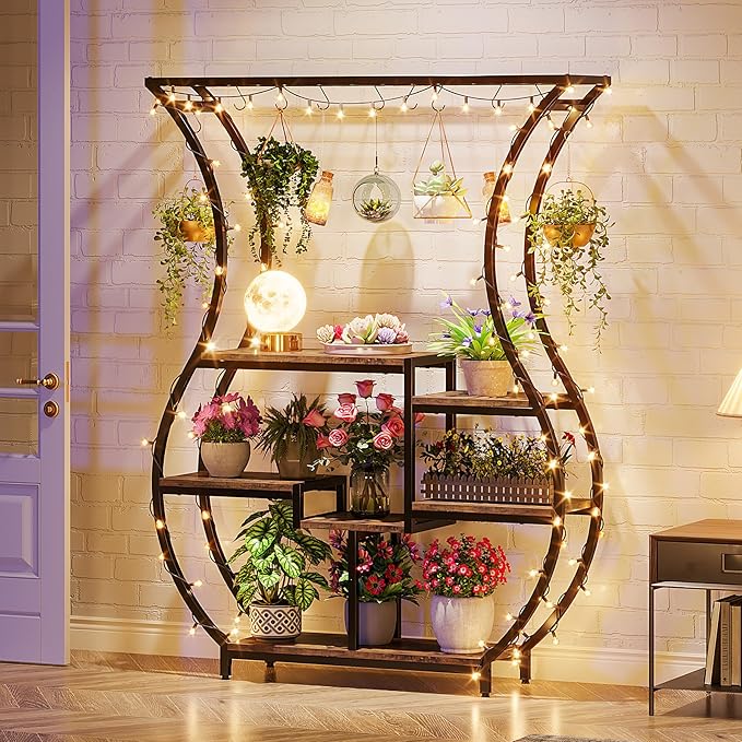 Tribesigns 6-Tier Plant Stand, 70.9 Inch Tall Plant Shelf with 10 Hanging Hooks, Vase Shape Ladder Plant Stand, Multi-Purpose Plant Display Rack for Indoor, Balcony, Living Room, Brown and Black