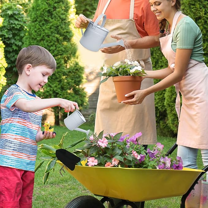 Small Metal Watering Can Set, Pink, 1.2L and 0.23L Garden Cans with Long Spout, Indoor Outdoor Plant Care (White)