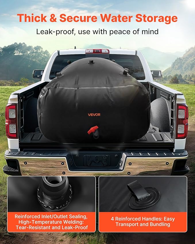 VEVOR Water Storage Bladder, 264 Gallon (1000L) Water Storage Container Tank, 1000D PVC Large Capacity Soft Bag Bladder, Collapsible Portable for Garden Irrigation, Camping, RV, Emergency Use - Black