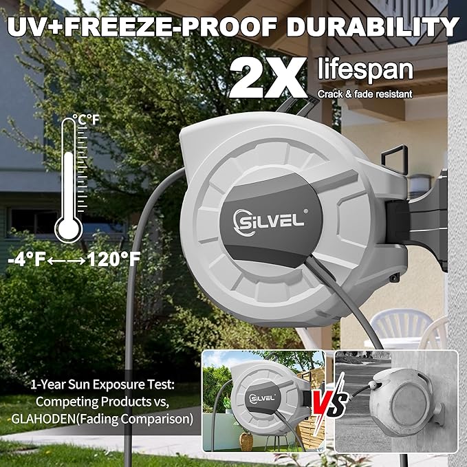 SILVEL Retractable Garden Hose Reel, 1/2 in x 100ft Wall Mount Heavy Duty Automatic Hose Reel with 10 Pattern Nozzle, Any Length Lock & Slow Return System, 180°Swivel Bracket Upgraded UV Resistant