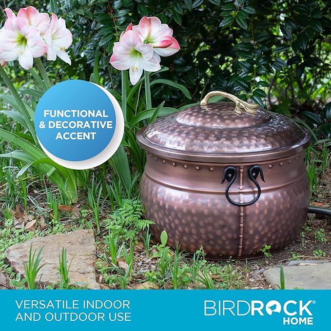 BIRDROCK HOME Water Hose Holder with Lid | Ground Garden Hose Pot | Decorative | Handle | Embossed | Steel Metal with Copper Accents | Outdoor or Indoor Use
